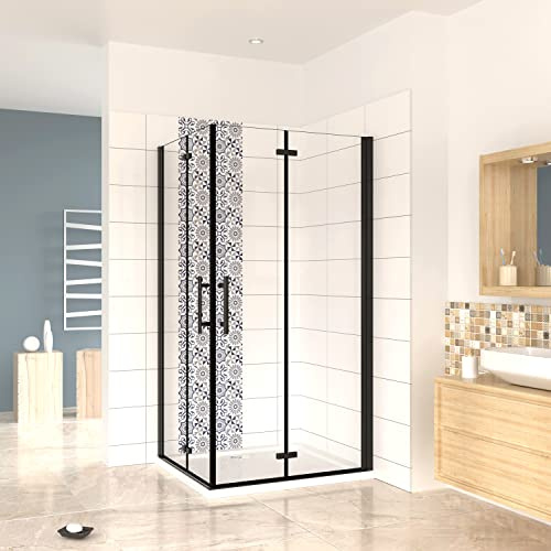 190cm Box Doccia Angolare 80x80cm 2 Porta Battente Pieghevole vetro 5mm | Anticalcare, Trasparente Vetro Temperato, Telaio Nero Opaco