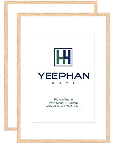 YEEPHAN A3 EICHE Fotorahmen Naturholz 42x29.7cm Bilderrahmen 2er Set mit Passepartout für A4(21x30cm) Bilderrahmen Urkundenrahmen oder Posterrahmen mit kunststoffglas front für die Wandmontage