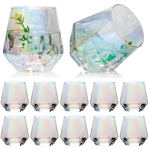 Nuxaoisgel Stemless Wine Glass 10 oz,Iridescent Glassware, Diamond Shape Glass for Gift, Modern Rainbow Wine Glass for Serving White Wine, Red Wine, Cocktail, Whiskey, Bourbon, Cool Water,Set Of 12