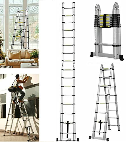 Escalera telescópica plegable de 1,9 m + 1,9 m, marco A, 6 + 6 peldaños, escalera extensible de acero inoxidable, escalera multiusos (capacidad de carga de 150 kg, EN131)