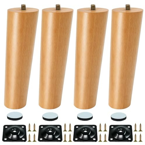 Wkmamo 4 STK Möbelfüße 15cm Holzfarbe, Eiche Massivholz mit Montageplatten | Ersatzmöbelfüße, schräge Montage, konisch, 4,5cm/3,5cm, Schaumstoffpads, Sofa Bett Schrank Couch Ottomane, stabil