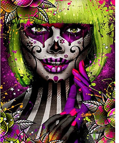 Poker Face Frauen Malen nach Zahlen für Erwachsene grünes Haar Mädchen DIY-Ölgemälde-Kits auf Leinwand mit Pinseln und Acryl-Pigment Bauernhof buntes Bild für Geschenk Wanddekoration40x50cm(rahmenlos)