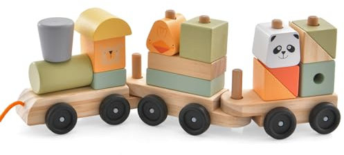 DREAMADE 3-teiliges Holzeisenbahn-Set, Zug Spielzug mit niedlicher Lokomotive & Tierfiguren & stapelbaren Holzklötzen, Kinderspielzueg Nachziehspielzeug für Kinder ab 18 Monaten (Modell 2)