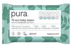 Pura Eco Friendly Baby Water Wipes 4 x 70 per pack, (280 Wet Wipes) 100% Plastic Free, 99% Water, Biodegradable, Compostable, Vegan, Suitable for Sensitive & Eczema Prone Skin, Newborn
