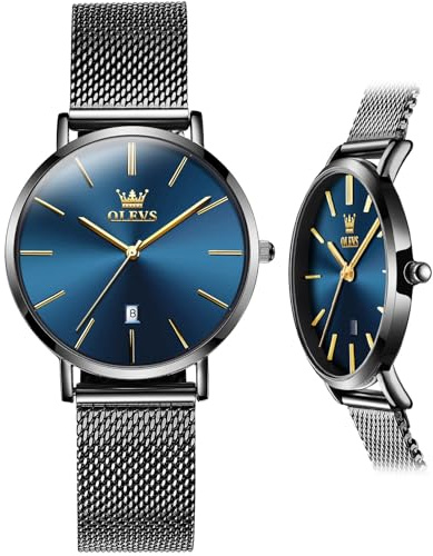 OLEVS Damenuhr Schwarz Edelstahl mit Datumsanzeige Einfache Kleid Damen Armbanduhr Blaufarben Zifferblatt Lässig Wasserdicht Mesh Armband Uhr Ultradünne Analog Quarz Uhren Damen Minimalistisch