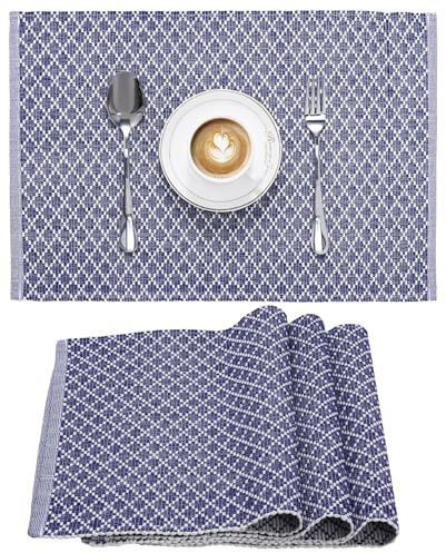 JEMIDI 4er Set Tischset gerippt Rautenmuster - 4 Tischsets aus Baumwolle - 4X Boho Platzdeckchen Platzset aus Stoff - Tisch Sets Platzsets Placemats - Blau