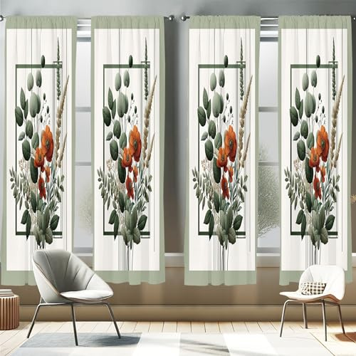 ABAKUHAUS Botanico Tenda a Pannello Set di 4, Mazzo di papaveri bohemien, Trattamento della Finestra per Stanza e Camera da Letto, 4 pezzi 75 cm x 225 cm, Arancione Scuro Verde Alloro
