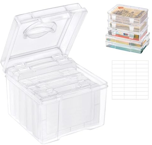 adorbox Transparent Fotoaufbewahrungsbox, 21 x 21cm Aufbewahrungsbox Fotoetui 5 Innere Foto-Organizer Durchsichtige Fotoboxen zur Aufbewahrung 1 Blatt Etikettensticker für Handwerk Karten Bürobedarf