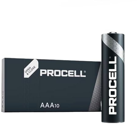 Procell AAA LR03 Alkaline Battery 1.5V, ideal for high-performance devices. Presented in a box of 10 units, with dimensions of Ø10.5x44.5 mm. Long-lasting and reliable energy.