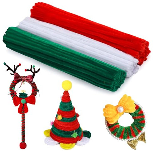 Bamru 210 Stück Pfeifenreiniger, Pfeifenreiniger für Weihnachtsbasteleien, Pfeifenreiniger mit Chenille-Stielen, Kunst-Pfeifenreiniger für kreative Weihnachtsdekorationen (Rot + Grün + Weiß)