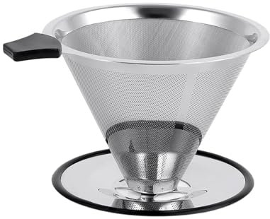Hniuyun Pour Over Coffee Dripper, Stainless Steel Coffee Filter with Silicone Tray, Double Mesh Design of Reusable Cone Filter, Paperless Pour Over Coffee Maker 3-4 Cup