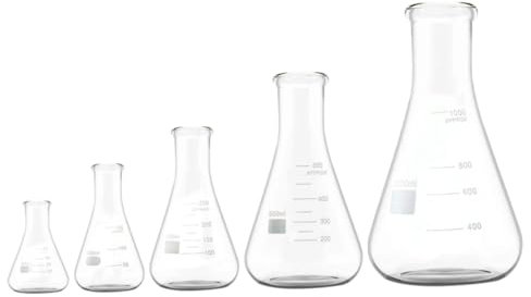 COSMEVIVI 5pcs Narrow-mouth Borosilicate Glass Erlenmeyer Flasks Set, Thickened Conical Laboratory Flasks 50ml, 150ml, 250ml, 500ml, 1000ml Capacity for Chemistry Experiments