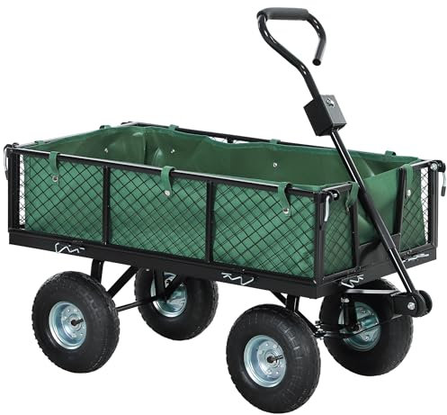 Outsunny Garden Trolley Cart, Heavy Duty Festival Trolley with Removable Liner, Quick-Release Sides, 10 Pneumatic Wheels, 180° Rotating Handle, 300kg Capacity, Green