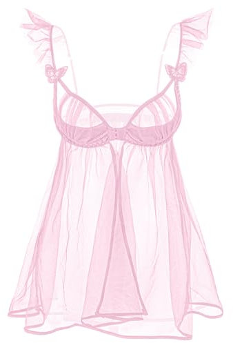 KFLY Women Sexy Lingerie Babydoll Lace Mesh Open Closure Chemise Sleepwear with G String Naughty Underwear Set Deep V Lace Cup Nightdress for Valentines Pink