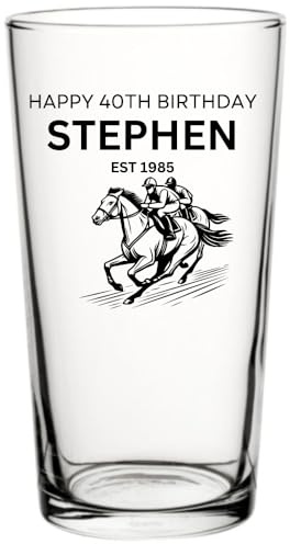 Personalised Horse Racing Birthday Pint Glass, 18th, 21st, 30th, 40th, 50th, 60th, 70th, 80th Birthday Gift, Custom Name and Year