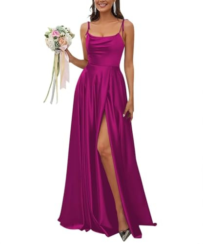 ZCXCsfp Vestido de dama de honor de satén con tirantes delgados, sin espalda, vestido de graduación, largo y elegante, vestido de fiesta de boda, fucsia, 34
