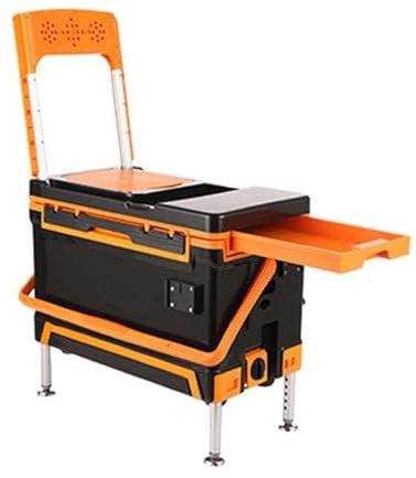 HYKJCSS Angelbox Angelkoffer Multifunktions-Angelbox Angelausrüstung Zubehör Aufbewahrungsbox Mit Rückenlehne Anhebbares Bein Kann Sitzen Angelbox FüR Köder(Orange)