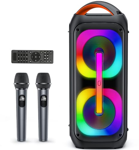 JYX Karaoke Anlage mit 2 drahtlosen Mikrofonen, Großer Lautsprecher Bluetooth mit Rädern und Disco Lichtern, Subwoofer PA System, Party Karaoke Maschine Unterstützung TWS/USB/SD Karte/AUX/Rec new