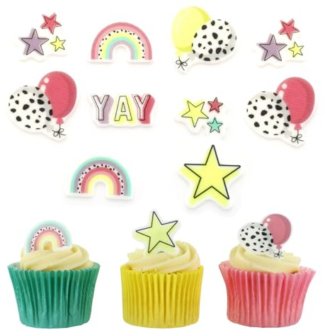 Culpitt Rainbow & Balloon Edible Cupcake Toppers - 32 Pack | Pastel Fondant Decorations, Ready To Use, Approx 25-35mm Each, Vegan & Coeliac Friendly