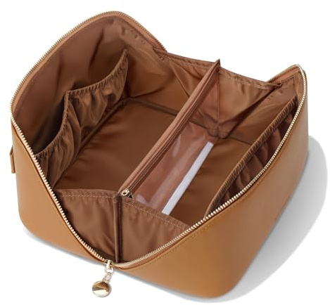 MSTONAL PU Leather Open Flat Makeup Bag with Divider and Handle, Brown, M, Fashion