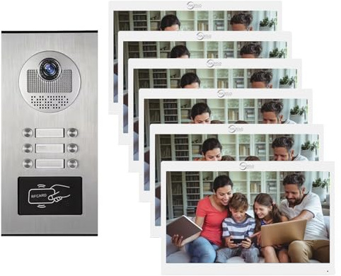 Videocitofono cablato per appartamenti, campanello HD 1080P, monitor da 7 pollici, videocitofono intelligente con telecamera e sistema di citofonia per multifamiliari (6 Famiglia)