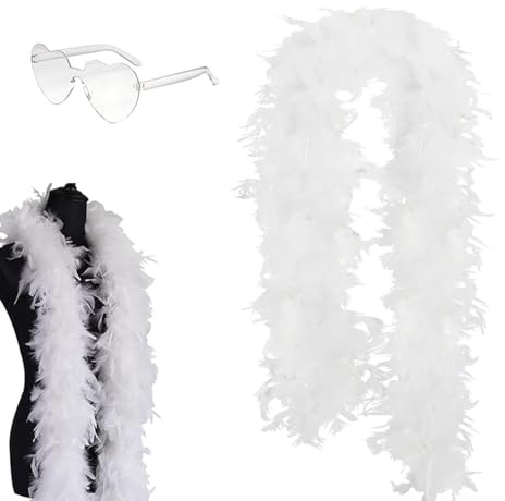 FEZTGVOFA 2 Pcs White Feather Boa, 2M 80g Thick Turkey Feather Boas, with Fashion Retro Eyeglasses, for Wedding Centerpieces, Carnival Dance Party for Women, Cosplay Accessory(White)