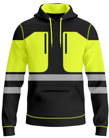 Mens Hi Vis Pullover Work Wear Hoody Safety Work Drawstring Multi Zipped Pockets Reflective Tape Style High Visibility High Viz Sweatshirt Hoody