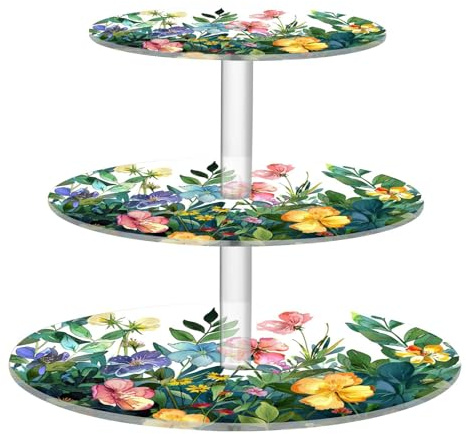 Blueangle 3-Tier Round Cupcake Stand – Colorful Herbs and Flowers Acrylic Dessert Tower, Non-Slip Tiered Dessert Stand for Baby Shower, Birthday, Wedding Party （380）