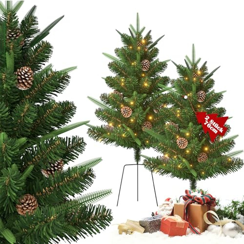 Aufun 2X Künstlicher Weihnachtsbaum 76 cm, Bodenmontierter Christbaum mit Lichtern, Tannenbaum Dekobaum Kunstbaum mit Tannenzapfen geschmückt für Heimdekoration, Weihnachtsdekoration