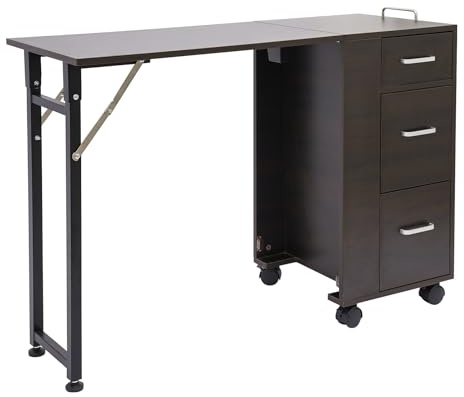 JAYEUW Faltbar Nageltisch Maniküretisch Kleiner Schreibtisch 104 * 38cm Klappschreibtisch mit 3 Schubladen&Feststellbare Rollen bis 100kg für Schönheitssalon, Home, Office (Holzmaserung)