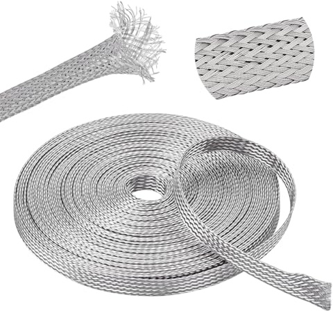 NBEADS 32.8ft Stainless Steel Braided Sleeving Braid, Wire Shielding Cable Sleeve Ground Strap 0.27inch Wide Scalable Network Ribbon for Cable Protection