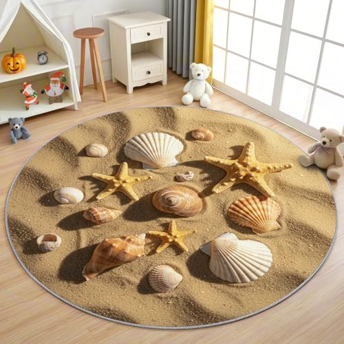 AevuCub Ozean Strand Teppich Rund 90 cm Kurzflor - Waschbare Teppiche Wohnzimmer Seestern Muscheln Strandmotiv - Runder Teppich 90 Durchmesser Kinderzimmer - Bettvorleger rutschfest Weich
