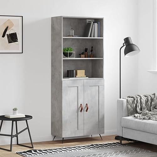 HETFTJN Sideboard Hoch Grau 69,5x34x180 cm Beton-Optik Holzwerkstoff mit Metallfüßen, Modernes Highboard für Wohnzimmer Küche Flur, Stauraum & Industrial Look