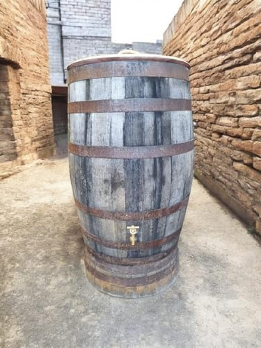 Rustic Oak Whisky Barrel Rain Water Butt with Stand and Tap, Garden Water Collector, Natural Wood Finish