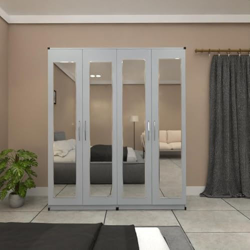 4-Door Mirrored Wardrobe, Pre-Assembled, 2-Section Design. (Silver)