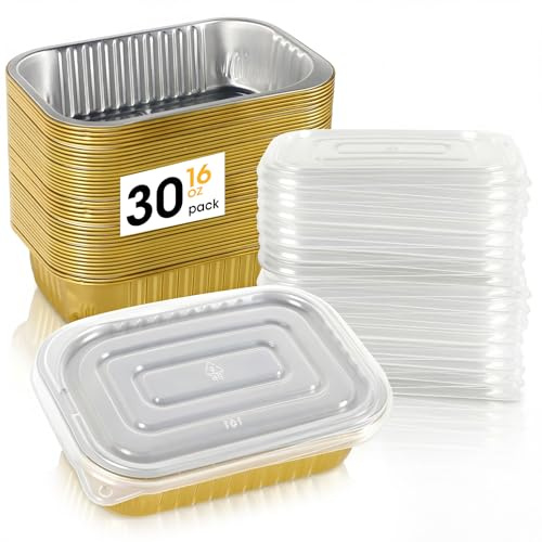 Dexpally 30 Pack 475ml Foil Trays with Lids, Disposable Aluminum Baking Tins Loaf Pans, Rectangular Cake Molds with Transparent Lids for Bread Wedding Birthday Picnic Party Gold