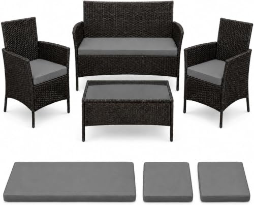 KOZZE FAB 3 Piece Replacement Cushions for Rattan Garden Furniture, Water Resistant Outdoor Patio Seat Pads with Removable Covers, Garden Sofa & Chair Cushion Set for Patio, Grey