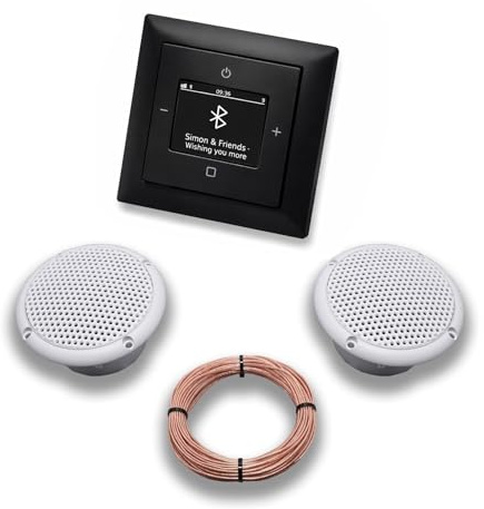 Busch Jäger DAB+ Unterputz Bluetooth (in and out) Radio 8217U-101 Balance Si schwarz matt -915, Komplett-Set mit 2 x Decken Feuchtraumlautsprecher/Badezimmer + 20 m Lautsprecherkabel 2x0,75 mm2 8217U