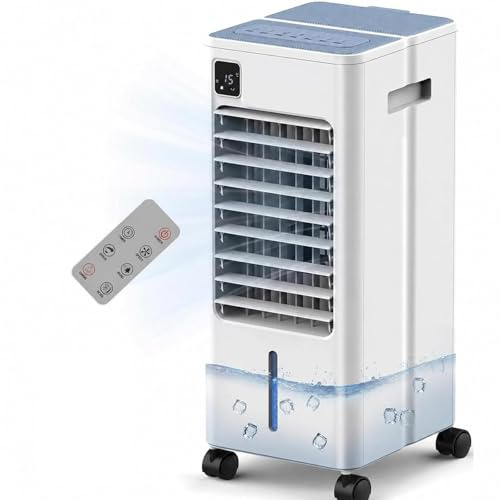 ARTETHYS Portable Air Conditioner Cooler with Remote Control, 8L Evaporative Air Cooler Fan with Digital Display, 3 Speeds, Humidifier, 2 Ice Packs, 12H Timer Swivel for Home Office Bedroom