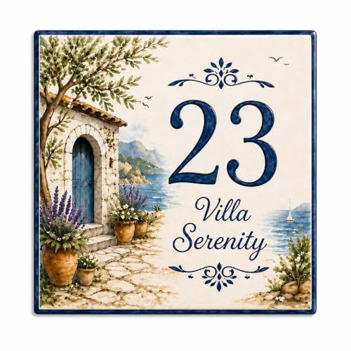 Targa Indirizzo Personalizzata in Ceramica Mediterranea, Numero Casa Villa Costiera, Elegante Placca per Porta con Ramo d’Ulivo e Decorazioni Oceaniche