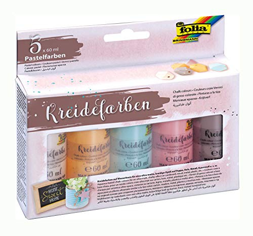 folia 35019 – vattenbaserade kritfärger, 5 x 60 ml, beige, aprikos, ljusblå, rosa och pastellbrun, ultra-matt, kritigt utseende för kartong, trä, metall, plast