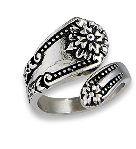 Sac Silver Victorian Flower Spoon Ring Stainless Steel Open Wrap Vintage Band Sizes 7-10, 5 UK, Stainless Steel, No Gemstone