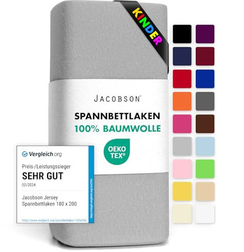 Jacobson Jersey Spannbettlaken Spannbetttuch Baumwolle Bettlaken (60x120-70x140 cm, Grau)