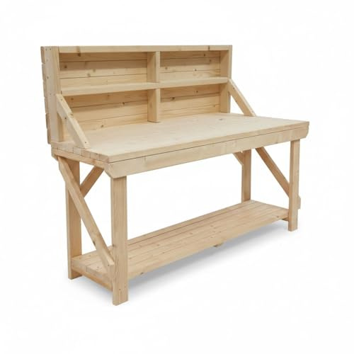 Arbor Garden Solutions 7ft ACORN Solid Timber Workbench with Back Panel - Heavy Duty Static Wooden Work Table with Bottom Shelf (210cm)