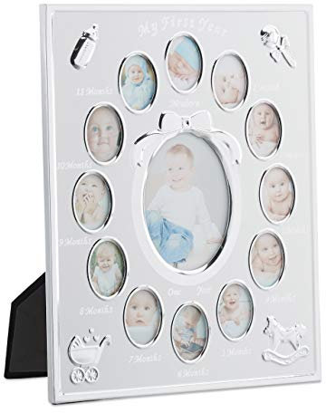 Relaxdays Cornice Portafoto Multipla per Bambini, Primo Anno, in Alluminio, da 0 a 12 Mesi, 29 x 24 cm, Collage di Foto, da Appoggio, Bianca, Carta, 9 unità