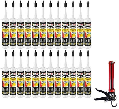 Isolbau Profi Folienkleber Set inkl. HQ Auspresspistole - Bauelastischer 1K Klebe-Dichtstoff zur Verklebung von Kunststofffolie, Dampfbremsen & Dampfsperren - 24 x 450 g