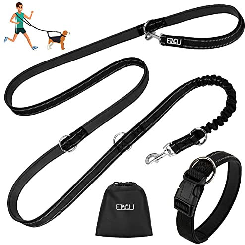 ETACCU Doppelte Leinen Freihandleinen Übungsleinen mit Rollleinen 3M für mittlere Hunde bis 50 Kg, Große Hunde Robuste Rutschfester Griff, Ohne Verwicklung, Reflektierende (Schwarz)