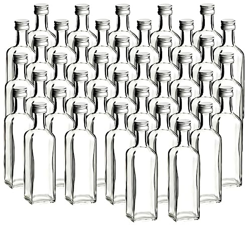 gouveo Juego de 40 botellas de cristal Maraska de 60 ml con tapón de rosca plateado - mini botella de 0,06 l para rellenar - botellas de cristal para licor, aceite o como regalo (MFET060S)