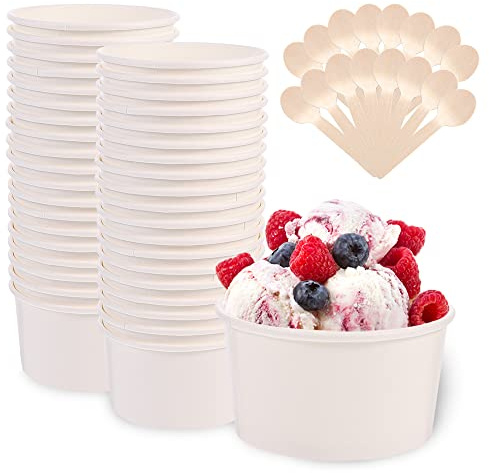 HAOTIAN-X 50 Stück weiße Eisbecher aus Papier, biologisch abbaubare runde Suppenbehälter aus Papier mit 50 Holzlöffeln, Dessertschale aus Pappe zum Mitnehmen für Eiscremesuppe Deli Frozen Yogurt Cake