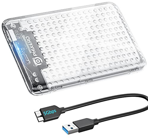 PHIXERO 2.5 inch Hard Drive Enclosure, 5Gbps USB 3.0 to SATA III Tool-Free SSD External Enclosure for 2.5 inch 7mm 9.5mm SATA HDD & SSD [UASP Supported] Transparent